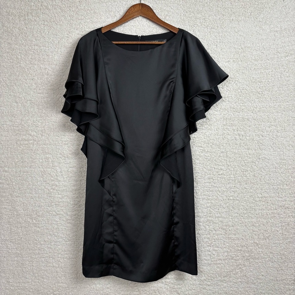 Ralph Lauren Dress Womens 4 Black Ruffle Sleeve Liquid Satin Sheath Event Party‎